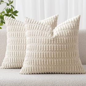 2PCS Soft Corduroy Decorative Pillow Covers 18x18 Inch, Boho Striped Cushion Cases For Sofa, Couch, Bedroom & Living Room, Cream White