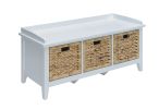White Solid Wood Distressed Storage Bench With Baskets