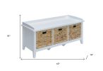 White Solid Wood Distressed Storage Bench With Baskets