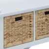White Solid Wood Distressed Storage Bench With Baskets