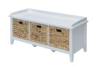 White Solid Wood Distressed Storage Bench With Baskets