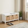 White Solid Wood Distressed Storage Bench With Baskets