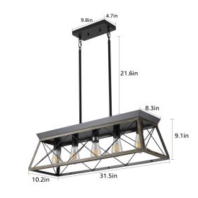 32in  Black Gold Industrial 5-Light Pendant Chandelier, Modern Metal Cage Design, Adjustable Hanging Light For Dining Room, Kitchen, Living Room  No B