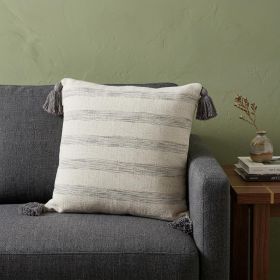 Beige and Gray Striped Cotton Throw Pillow With Tassels - 18"