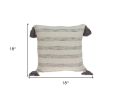 Beige and Gray Striped Cotton Throw Pillow With Tassels - 18"