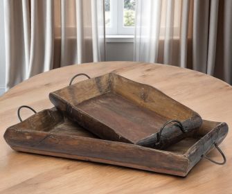 Brown Rectangular Wood Indoor Outdoor Serving Tray With Handles - Set of Two