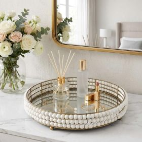 Antiqued Gold And White Metal Wood And Mirrored Glass Round Vanity Tray - 22"