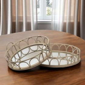 Brown Round Wood Indoor Outdoor Vanity Tray With Handles - Set of Two