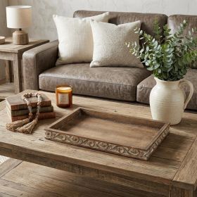 Brown Distressed Finish Wood Tray With Side Carvings - 17"