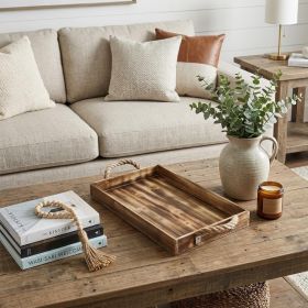Brown Distressed Wood Handmade Serving Tray With Rope Handles - 20"