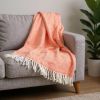 Coral And Ivory Cotton Woven Plush Throw Blanket with Tassels - 55" X 70"