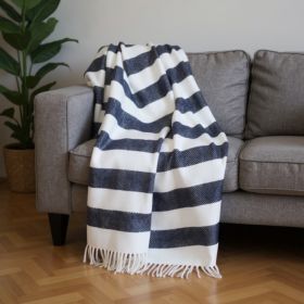 Blue And Cream Striped Cotton Plush Throw Blanket - 55" X 70"