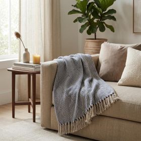 Blue and Beige Woven Handloom Throw with Tassels