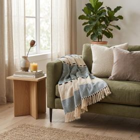 Blue and Ivory Woven Cotton Striped Throw Blanket with Tassels - 50" X 60"