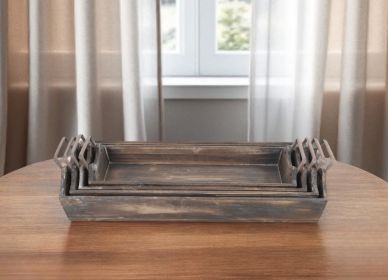 Brown Wood Handmade Serving Tray With Handles - Set of Four
