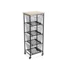 Black And Natural Metal And Wood Basket Storage Rolling Cabinet - 41"