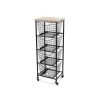 Black And Natural Metal And Wood Basket Storage Rolling Cabinet - 41"