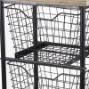 Black And Natural Metal And Wood Basket Storage Rolling Cabinet - 41"