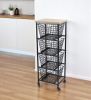 Black And Natural Metal And Wood Basket Storage Rolling Cabinet - 41"