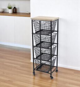 Black And Natural Metal And Wood Basket Storage Rolling Cabinet - 41"