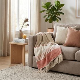 Red Woven Cotton Striped Throw Blanket with Fringe - 60" X 50"