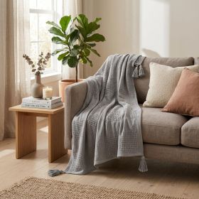 Gray Woven Cotton Throw Blanket with Tassels - 50" X 60"