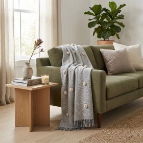 Gray Woven Cotton Houndstooth Throw Blanket with Pom Poms - 50" X 60"