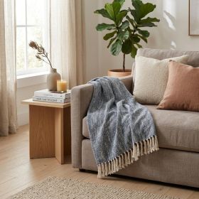 Blue and White Woven Cotton Throw Blanket with Fringe - 50" X 60"