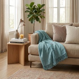 Blue Woven Cotton Throw Blanket with Fringe - 60" X 50"