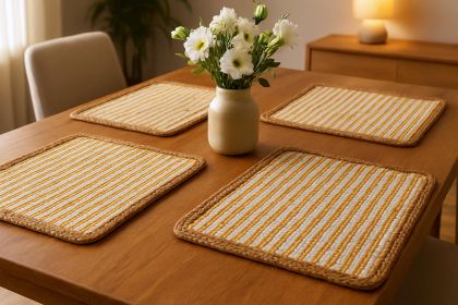 Cream Yellow And Natural Striped Cotton And Jute Placemats - 19" - Set of Four
