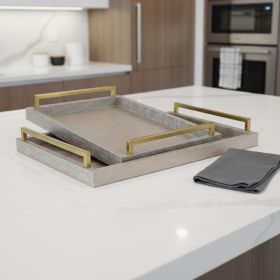 Taupe Wood Geometric Handmade Serving Trays With Handles - Set of Two
