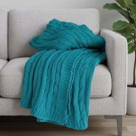 Teal Blue Cotton Cable Knitted Striped Throw Blanket - 50" X 60"