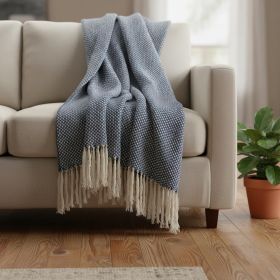 Navy and Ivory Woven Cotton Polka Dots Throw Blanket with Tassels - 50" x 60"