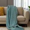 Teal Cotton Cable Knit Throw Blanket with Tassels - 50" X 60"