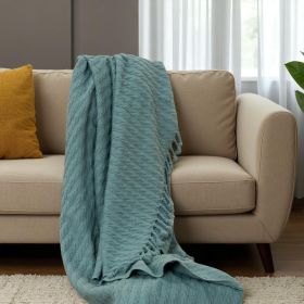 Teal Cotton Cable Knit Throw Blanket with Tassels - 50" X 60"
