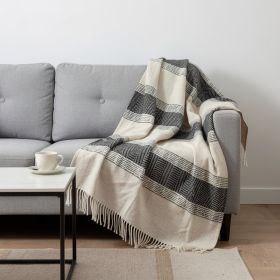 Black Cotton Woven Striped Throw Blanket with Fringe - 50" X 60"