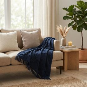 Blue Floral Cotton Woven Throw Blanket with Fringe - 50" X 50"