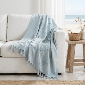 Light Blue Cotton Woven Throw Blanket with Tassels And Fringe - 50" X 60"