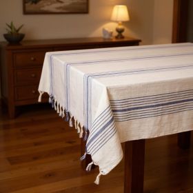 Cream And Blue Striped Cotton Tablecloth And Napkins Set