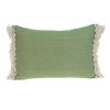 Green And Beige Cotton Lumbar Throw Pillow with Embroidery and Fringe - 14" X 20"
