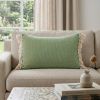 Green And Beige Cotton Lumbar Throw Pillow with Embroidery and Fringe - 14" X 20"