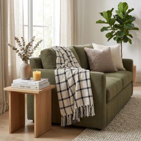 Black and Off White Cotton Woven Plaid Throw Throw Blanket with Fringe - 50" X 60"
