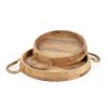 Brown Round Solid Wood Serving Trays With Handles - Set of Two