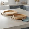 Brown Round Solid Wood Serving Trays With Handles - Set of Two