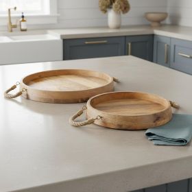 Brown Round Solid Wood Serving Trays With Handles - Set of Two