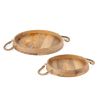 Brown Round Solid Wood Serving Trays With Handles - Set of Two