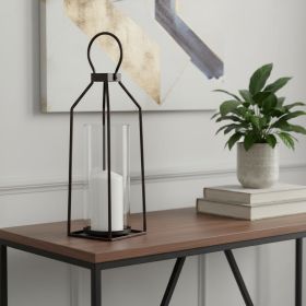 ]Black Geometric Metal And Glass Tabletop Lantern Candle Holder - 19"