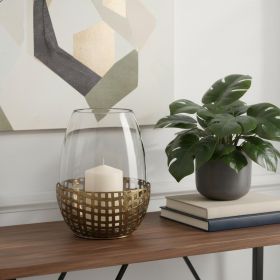 Gold And Clear Woven Metal And Glass Tabletop Hurricane Candle Holder - 10"