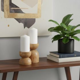 Brown Distressed Solid Wood Tabletop Pillar Candle Holders - Set of Two