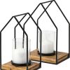 Black And Brown Distressed Geometric Metal Tabletop Lantern Candle Holders -  Set of Two